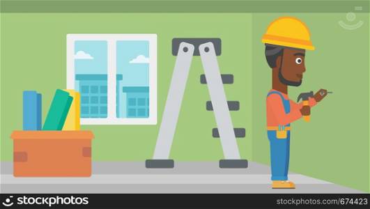 An african-american man hitting a nail in the wall with a hummer on a background of room with step-ladder vector flat design illustration. Horizontal layout.. Constructor hammering nail.