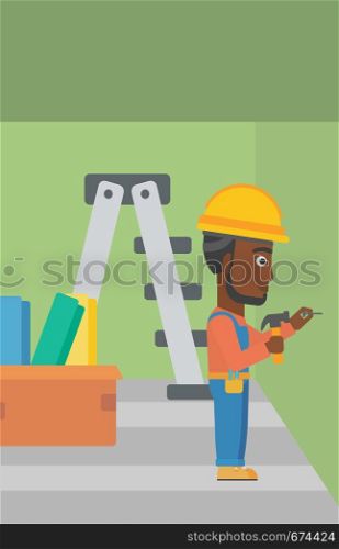 An african-american man hitting a nail in the wall with a hummer on a background of room with step-ladder vector flat design illustration. Vertical layout.. Constructor hammering nail.