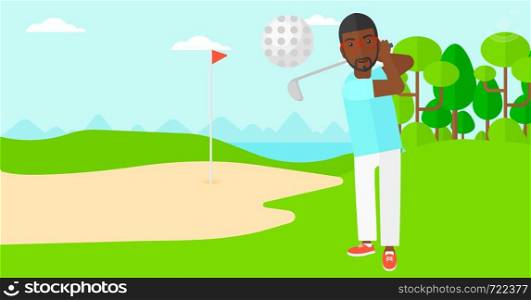 An african-american man hitting the ball on golf field vector flat design illustration. Horizontal layout.. Golf player hitting the ball.