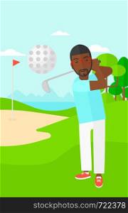 An african-american man hitting the ball on golf field vector flat design illustration. Vertical layout.. Golf player hitting the ball.