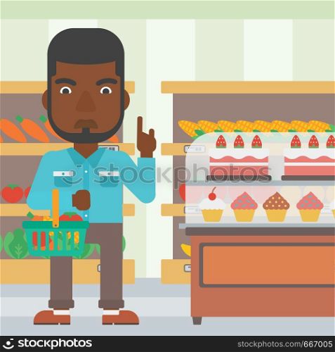An african-american man holding a basket full of healthy food and refusing junk food on a supermarket background vector flat design illustration. Square layout.. Man holding supermarket basket.