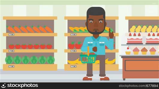 An african-american man holding a basket full of healthy food and refusing junk food on a supermarket background vector flat design illustration. Horizontal layout.. Man holding supermarket basket.