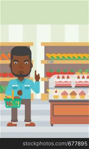 An african-american man holding a basket full of healthy food and refusing junk food on a supermarket background vector flat design illustration. Vertical layout.. Man holding supermarket basket.