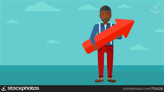 An african-american man holding a big arrow in hands on the background of blue sky vector flat design illustration. Horizontal layout.. Successful businessman with arrow up.