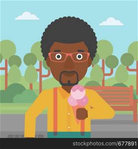 An african-american man holding a big icecream in hand on a park background vector flat design illustration. Square layout.. Man holding icecream.