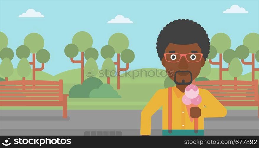 An african-american man holding a big icecream in hand on a park background vector flat design illustration. Horizontal layout.. Man holding icecream.