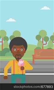 An african-american man holding a big icecream in hand on a park background vector flat design illustration. Vertical layout.. Man holding icecream.