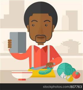 An african-american man holding a digital tablet and cutting vegetables vector flat design illustration. Cooking technology concept. Square layout.. Man cooking food.