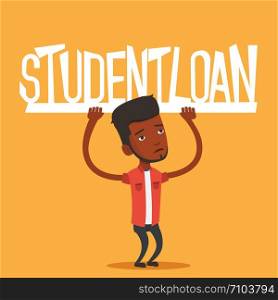 An african-american man holding a heavy sign of student loan. Tired man carrying heavy sign - student loan. Concept of the high cost of student loan. Vector flat design illustration. Square layout.. Young man holding sign of student loan.