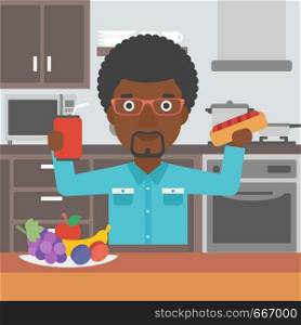 An african-american man holding a hotdog in one hand and soda in another on a kitchen background vector flat design illustration. Square layout.. Man with fast food.