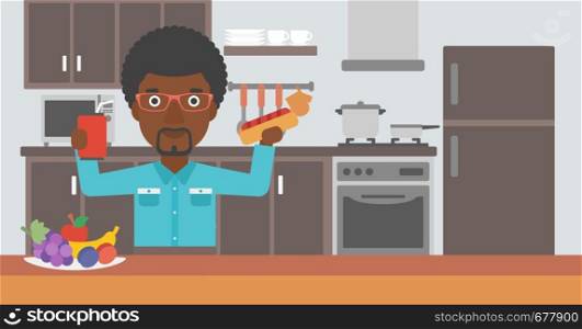 An african-american man holding a hotdog in one hand and soda in another on a kitchen background vector flat design illustration. Horizontal layout.. Man with fast food.