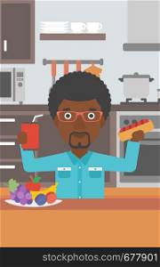An african-american man holding a hotdog in one hand and soda in another on a kitchen background vector flat design illustration. Vertical layout.. Man with fast food.