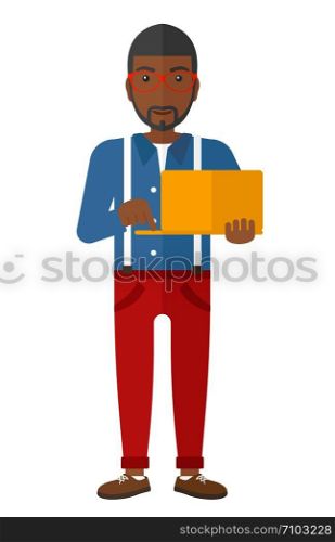 An african-american man holding a laptop in hands vector flat design illustration isolated on white background. . Man using laptop.