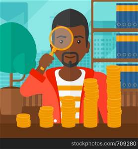 An african-american man holding a magnifier and looking at stacks of golden coins on the background of panoramic modern office with city view vector flat design illustration. Square layout.. Man with magnifier and golden coins.