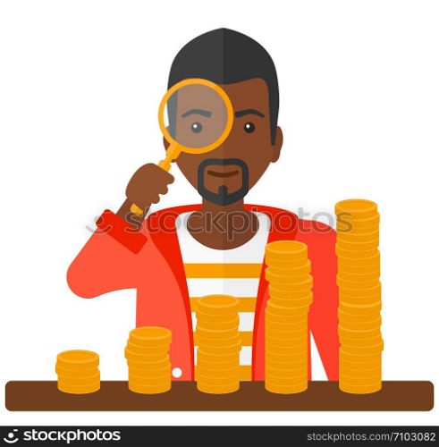 An african-american man holding a magnifier and looking at stacks of golden coins vector flat design illustration isolated on white background. . Man with magnifier and golden coins.