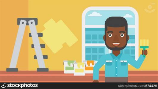 An african-american man holding a paint brush on a background of room with paint cans and ladder vector flat design illustration. Horizontal layout.. Painter with paint brush.