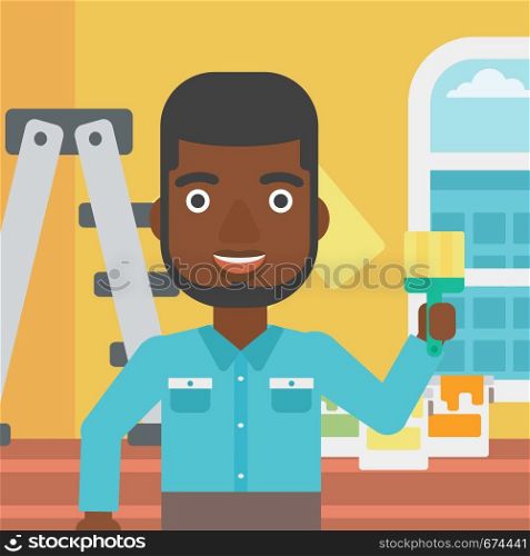 An african-american man holding a paint brush on a background of room with paint cans and ladder vector flat design illustration. Square layout.. Painter with paint brush.