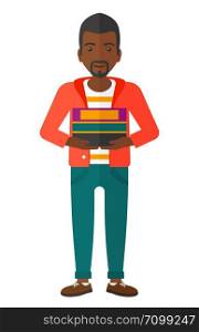 An african-american man holding a pile of books vector flat design illustration isolated on white background. . Man holding pile of books.