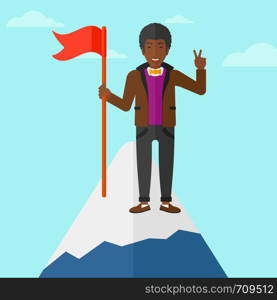 An african-american man holding a red flag on the top of the mountain on the background of blue sky vector flat design illustration. Square layout.. Cheerful leader man.