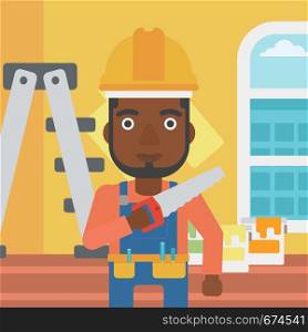 An african-american man holding a saw in hand on a background of room with paint cans and ladder vector flat design illustration. Square layout.. Smiling worker with saw.