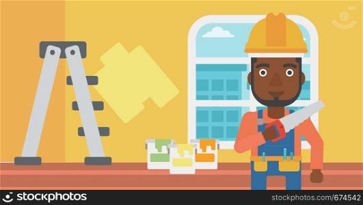 An african-american man holding a saw in hand on a background of room with paint cans and ladder vector flat design illustration. Horizontal layout.. Smiling worker with saw.