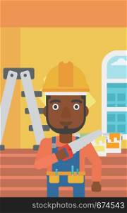 An african-american man holding a saw in hand on a background of of room with paint cans and ladder vector flat design illustration. Vertical layout.. Smiling worker with saw.