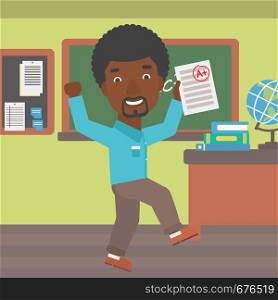 An african-american man holding a sheet with the highest mark on the background of classroom vector flat design illustration. Square layout.. Pupil received best mark.