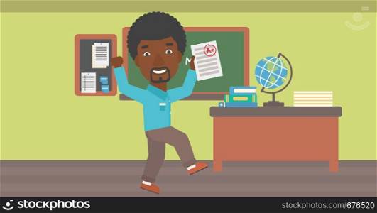 An african-american man holding a sheet with the highest mark on the background of classroom vector flat design illustration. Horizontal layout.. Pupil received best mark.