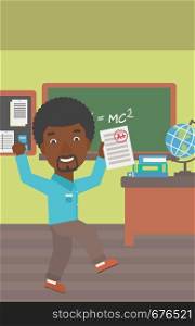 An african-american man holding a sheet with the highest mark on the background of classroom vector flat design illustration. Vertical layout.. Pupil received best mark.