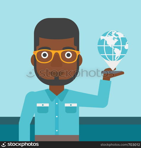 An african-american man holding a smartphone with a model of planet earth above the device. International technology communication concept. Vector flat design illustration. Square layout.. International technology communication.