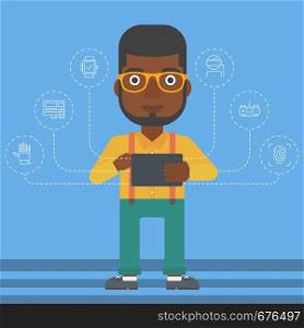 An african-american man holding a tablet computer and some icons connected to the device on a light blue background vector flat design illustration. Square layout.. Man holding tablet computer.