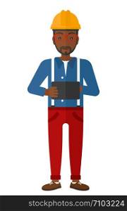 An african-american man holding a tablet in hands vector flat design illustration isolated on white background. . Man holding tablet.