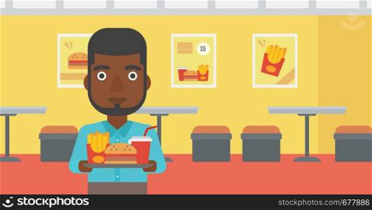 An african-american man holding a tray full of junk food on a cafe background vector flat design illustration. Horizontal layout.. Man with fast food.