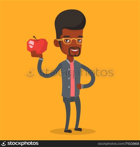 An african-american man holding an apple in hand. Cheerful man eating an apple. Man enjoying fresh healthy red apple. Concept of healthy nutrition. Vector flat design illustration. Square layout.. Young man holding apple vector illustration.