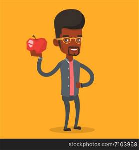 An african-american man holding an apple in hand. Cheerful man eating an apple. Man enjoying fresh healthy red apple. Concept of healthy nutrition. Vector flat design illustration. Square layout.. Young man holding apple vector illustration.