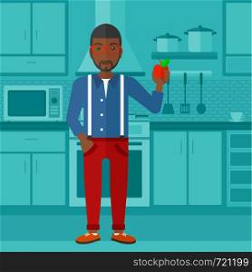 An african-american man holding an apple in hand on a kitchen background vector flat design illustration. Square layout.. Man holding apple.