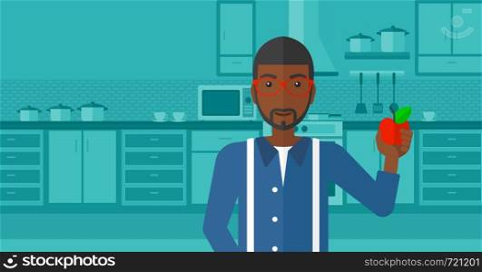An african-american man holding an apple in hand on a kitchen background vector flat design illustration. Horizontal layout.. Man holding apple.