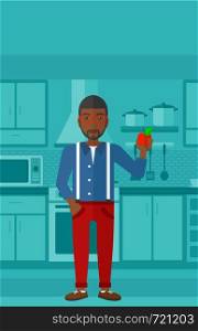 An african-american man holding an apple in hand on a kitchen background vector flat design illustration. Vertical layout.. Man holding apple.