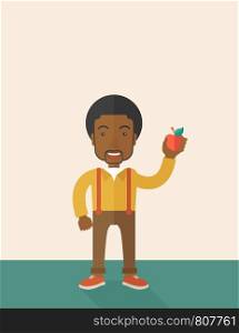 An african-american man holding an apple vector flat design illustration. Healthy concept. Vertical layout with a text space.. Man holding apple.