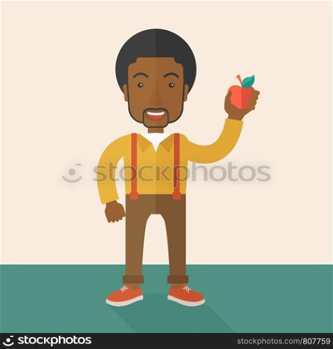 An african-american man holding an apple vector flat design illustration. Healthy concept. Square layout.. Man holding apple.