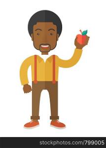 An african-american man holding an apple vector flat design illustration isolated on white background. Healthy concept. Vertical layout.. Man holding apple.