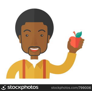 An african-american man holding an apple vector flat design illustration isolated on white background. Healthy concept. Square layout.. Man holding apple.