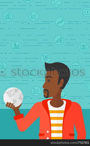 An african-american man holding Earth planet in hand on a blue background with business icons vector flat design illustration. Vertical layout.. Man holding globe.