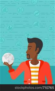 An african-american man holding Earth planet in hand on a blue background with business icons vector flat design illustration. Vertical layout.. Man holding globe.
