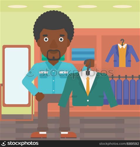 An african-american man holding hanger with suit jacket and shirt. Man choosing suit jacket at clothing store. Shop assistant offering suit jacket. Vector flat design illustration. Square layout.. Man holding suit jacket in clothing store.