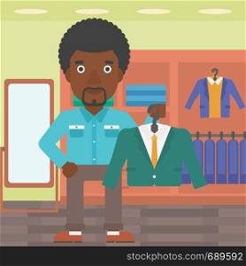 An african-american man holding hanger with suit jacket and shirt. Man choosing suit jacket at clothing store. Shop assistant offering suit jacket. Vector flat design illustration. Square layout.. Man holding suit jacket in clothing store.