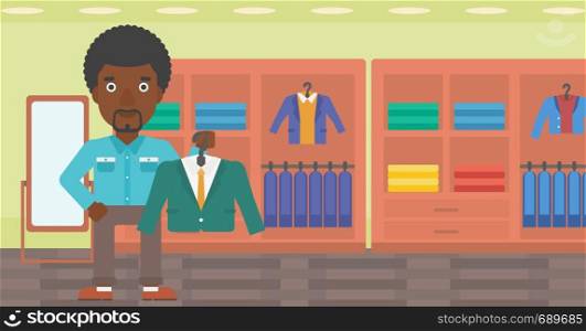 An african-american man holding hanger with suit jacket and shirt. Man choosing suit jacket at clothing store. Shop assistant offering suit jacket. Vector flat design illustration. Horizontal layout.. Man holding suit jacket in clothing store.