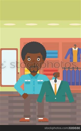 An african-american man holding hanger with suit jacket and shirt. Man choosing suit jacket at clothing store. Shop assistant offering suit jacket. Vector flat design illustration. Vertical layout.. Man holding suit jacket in clothing store.