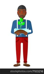 An african-american man holding in hands a plastic bottle with a small plant growing inside vector flat design illustration isolated on white background. . Man with plant growing in bottle.