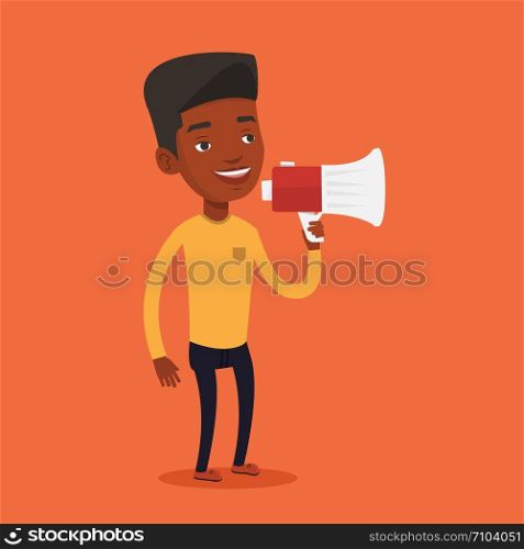 An african-american man holding megaphone. Man promoter speaking into a megaphone. Man advertising using megaphone. Social media marketing concept. Vector flat design illustration. Square layout. Young man speaking into megaphone.